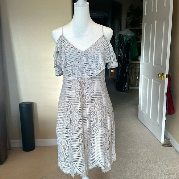 Wayf | Dresses | Wayf Light Gray Lace Midi Dress | Poshmark